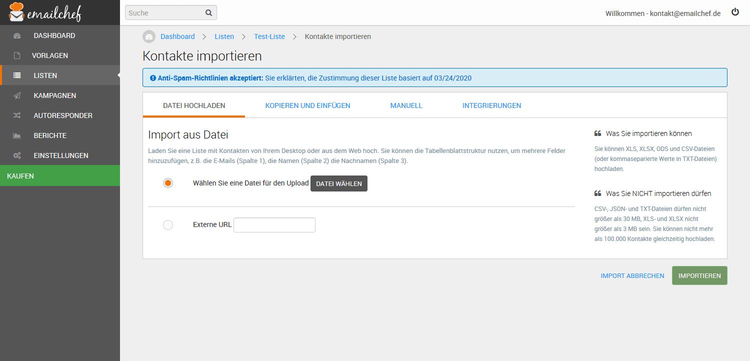 eMailChef Liste importieren (EXCEL) - Schritt 1