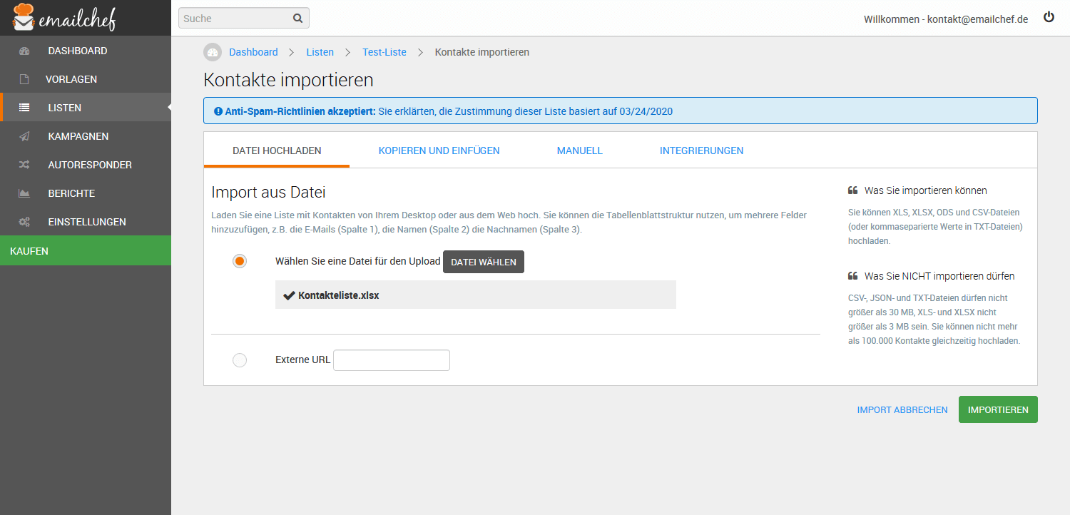 eMailChef Liste importieren (EXCEL) - Schritt 2